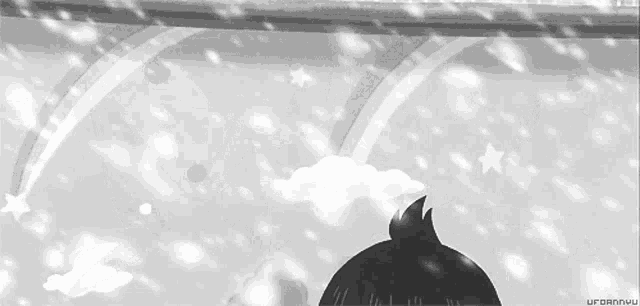 a black and white drawing of a cartoon character with a rainbow in the background