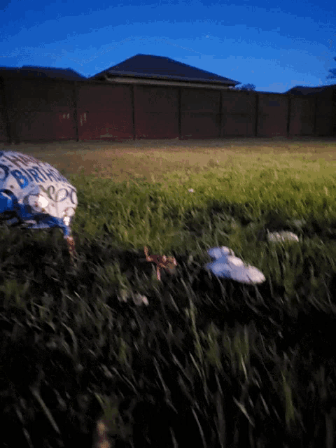 a birthday balloon is laying in the grass in front of a fence