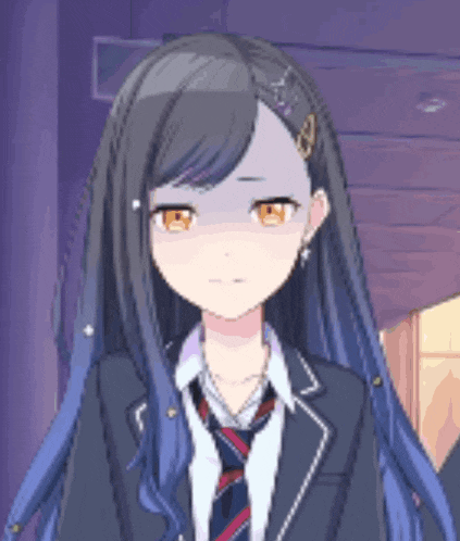 a pixel art of a girl in a school uniform and tie with long blue hair .