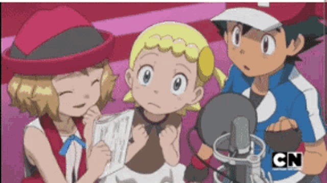 a cartoon of a boy and two girls with the cn logo in the corner
