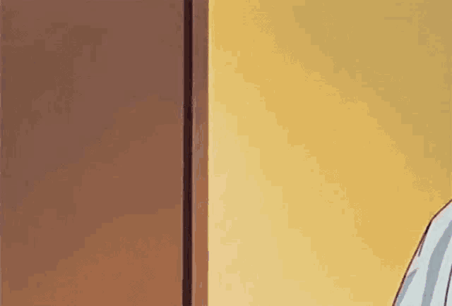 a cartoon character with purple hair and a hat is standing next to a door .