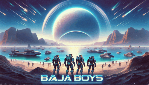 a poster for baja boys shows a futuristic scene