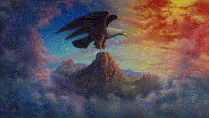 a painting of an eagle standing on top of a mountain in the clouds