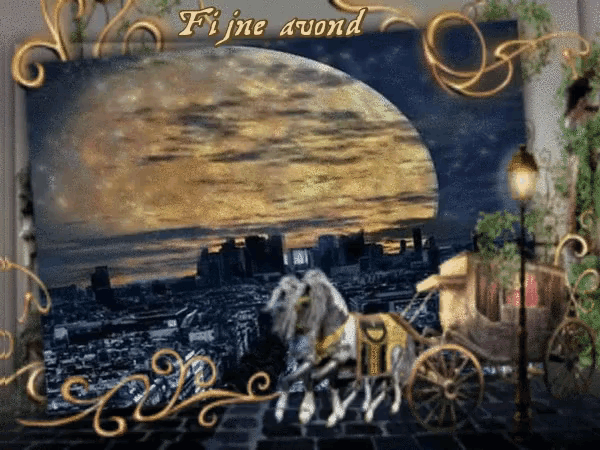 a picture of a horse pulling a carriage with the words fijne avond below it
