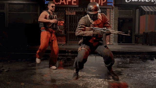 a man kicking another man in front of the queen cafe shop