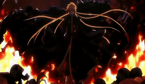 a cartoon character is standing in front of a group of people surrounded by fire .