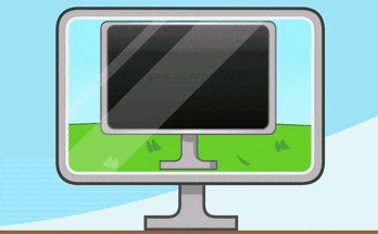a cartoon illustration of a computer monitor with a green field in the background