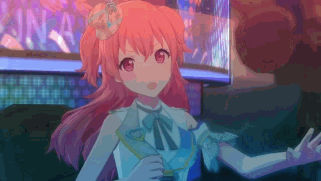 a girl with pink hair and red eyes is standing in front of a sign that says ' n ' on it .