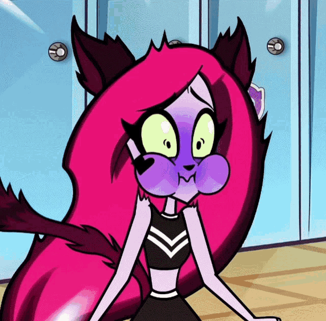 a cartoon drawing of a cat with pink hair