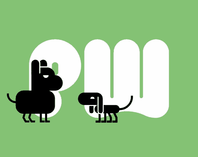 two dogs are standing next to each other in front of a large letter b on a green background