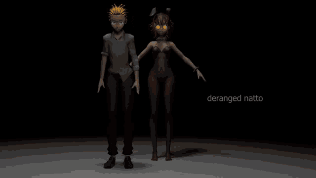 a man and a woman standing next to each other with the words deranged natto in the lower right corner