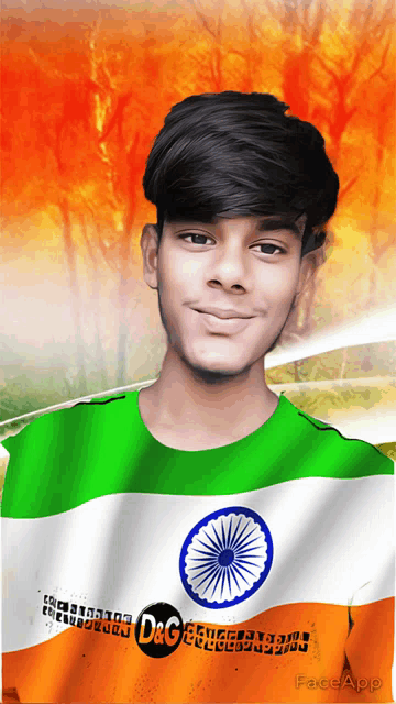 a young man is wearing a green white and orange shirt with the words d & c on the bottom