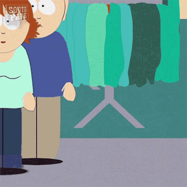 a couple of south park characters standing next to a clothes rack