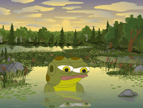 a cartoon frog is swimming in a lake