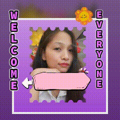 a picture of a girl with a pink arrow pointing to the right and the words welcome everyone