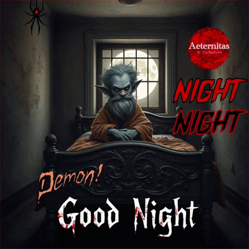 a picture of a demon sitting on a bed with the words " good night " below him