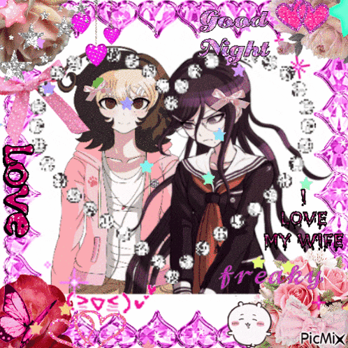 a picture of two anime girls with the words good night love my wife