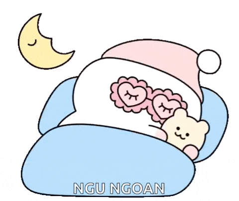 a cartoon drawing of a teddy bear sleeping under a blanket with the words " ngoan " below it