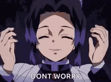 a cartoon girl with purple hair is smiling and holding her hands up and says `` dont worry '' .