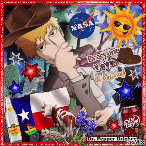 a picture of a man wearing a cowboy hat with a nasa logo in the background