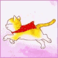 a yellow and white cat wearing a red scarf is running on a pink surface .