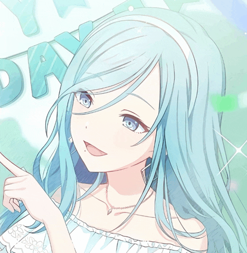 a drawing of a girl with blue hair and a sign that says day