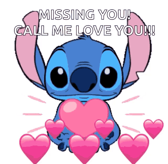a cartoon of stitch holding a pink heart with the words " missing you call me love you "