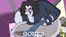 a cartoon character is sitting in a chair with the words `` gone '' written on it .