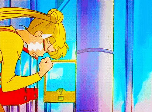 a cartoon of a girl with a bun on her head looking at herself in the mirror