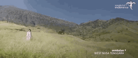 a woman stands in a grassy field with mountains in the background and the words west nusa tenggala on the bottom
