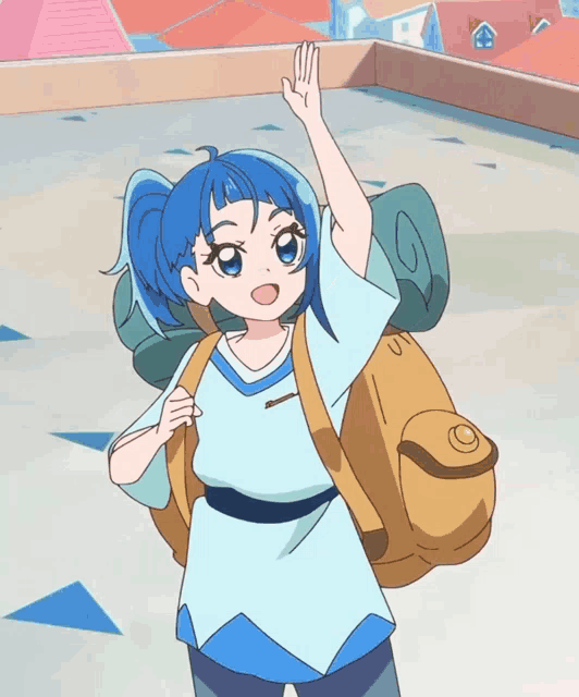 a girl with blue hair is wearing a backpack and waving her hand