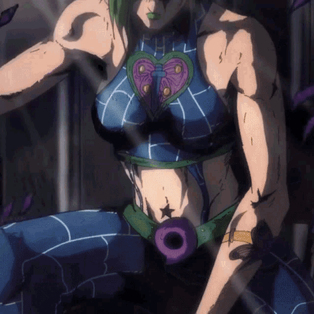 a woman with green hair and a heart on her chest