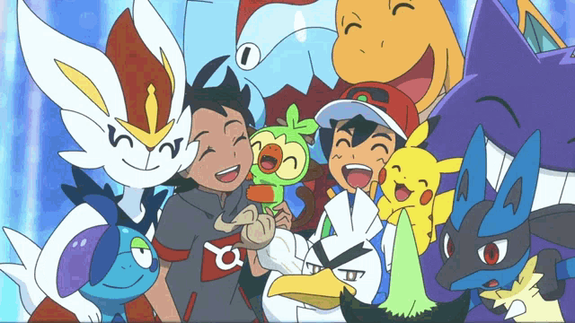 a group of pokemon are posing for a picture with a boy wearing a shirt that says a on it