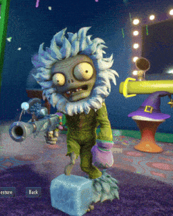 a cartoon character is holding a gun in a room with a button that says ' back '
