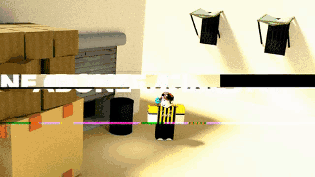 a cartoon character is standing in front of a stack of cardboard boxes and a sign that says " ne "