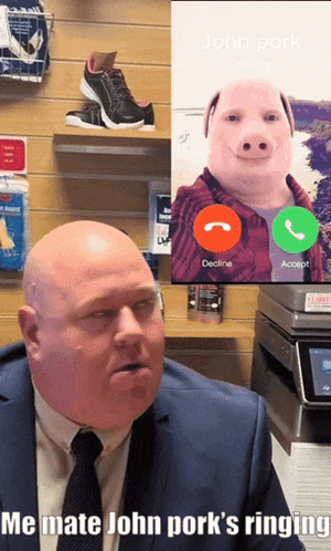 a man in a suit and tie is talking on a cell phone with a picture of a pig behind him
