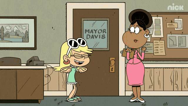 a cartoon of two women standing in front of a door which says mayor davis
