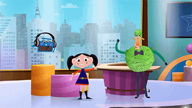 a cartoon of a girl and a sheep with a clock that says 00 00