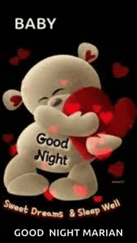 a teddy bear is hugging a red heart and saying `` good night baby '' .