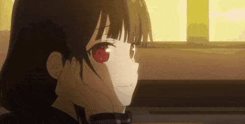 a girl with red eyes has her hand on her chin