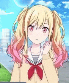 a girl with blonde and pink hair is wearing a school uniform with a red bow .