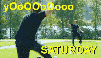 a man kicking a soccer ball with the words saturday in yellow letters