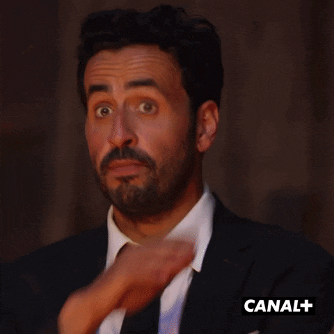 a man in a suit and tie has his hand on his face in front of a sign that says pas mal canal +