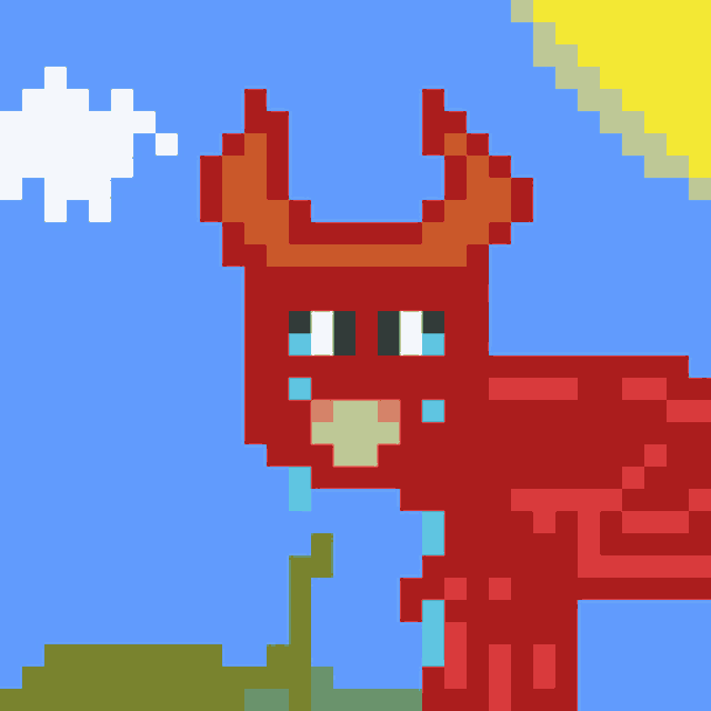 a pixel art drawing of a red deer with a blue sky and sun in the background