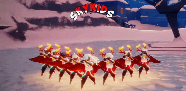 a group of reindeer are standing in a snowy area with the words skykids written above them