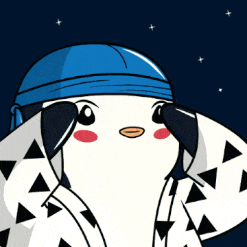 a cartoon penguin wearing a blue headband and a triangle patterned shirt