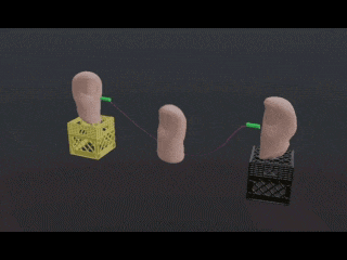 a computer generated image of a person 's fingers connected to a yellow crate