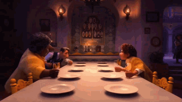 a group of people are sitting at a table with plates on it and a wall that says 00000 on it