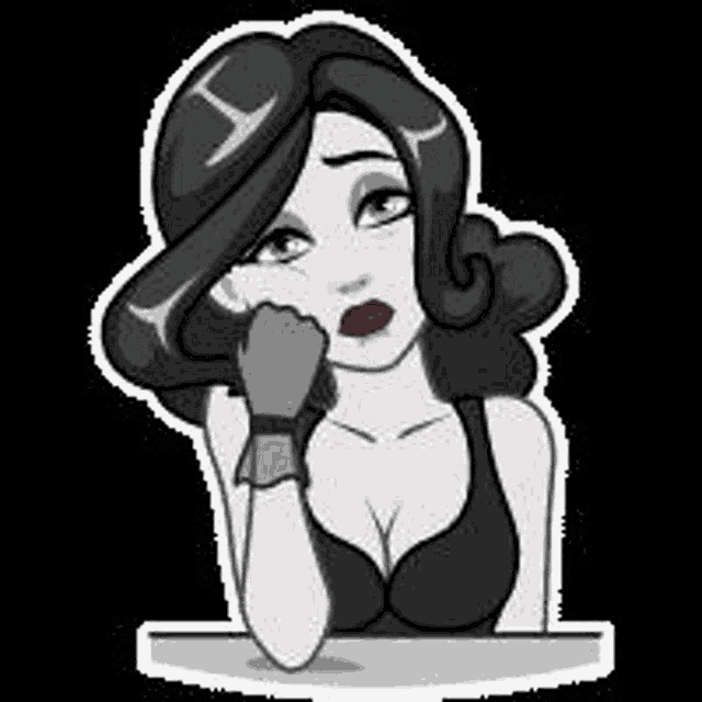 a black and white sticker of a woman in a bra sitting at a table .