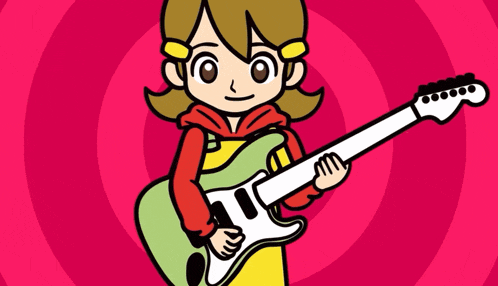 a cartoon girl is holding a guitar in front of a pink spiral background